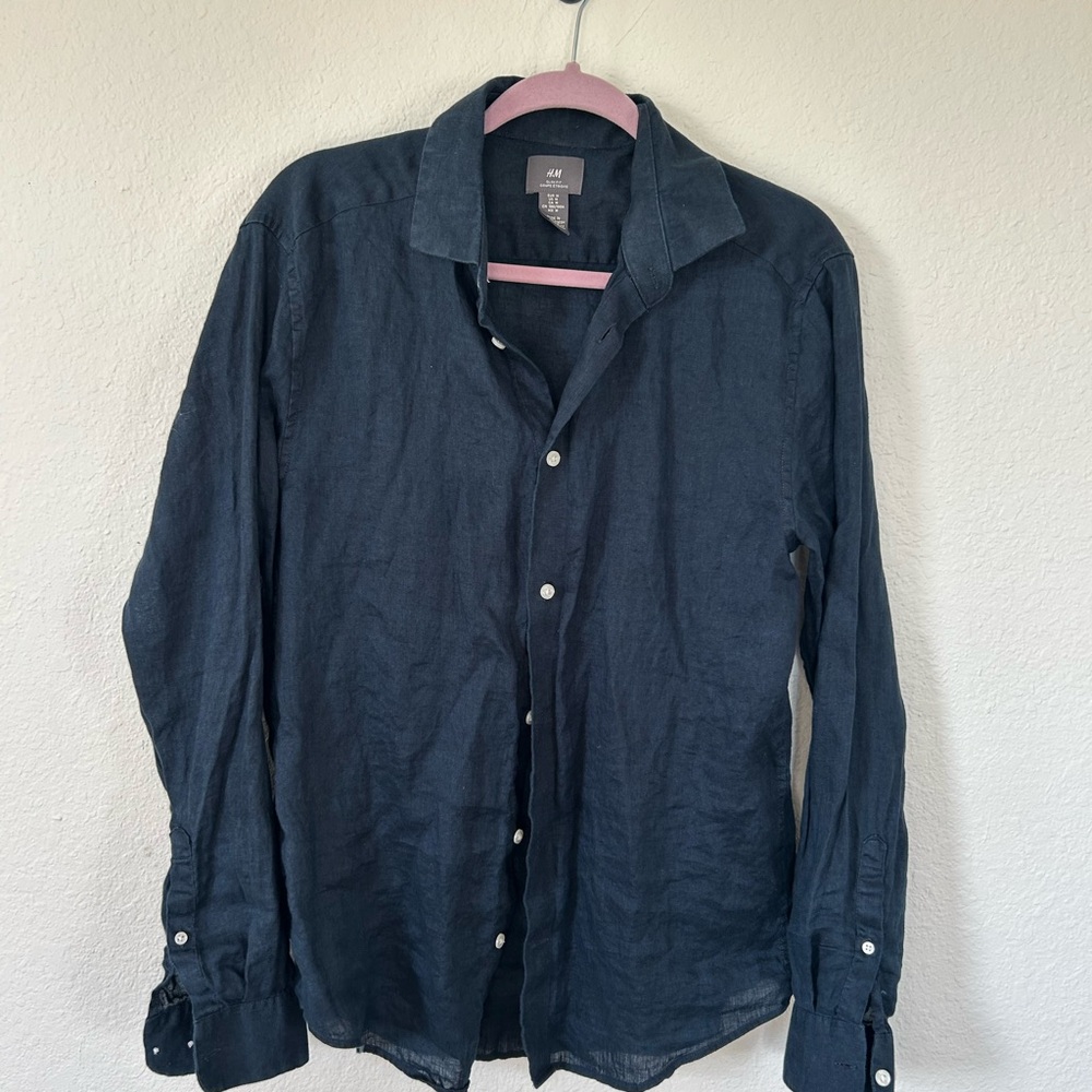 H&M Navy Slim Fit  Linen Shirt